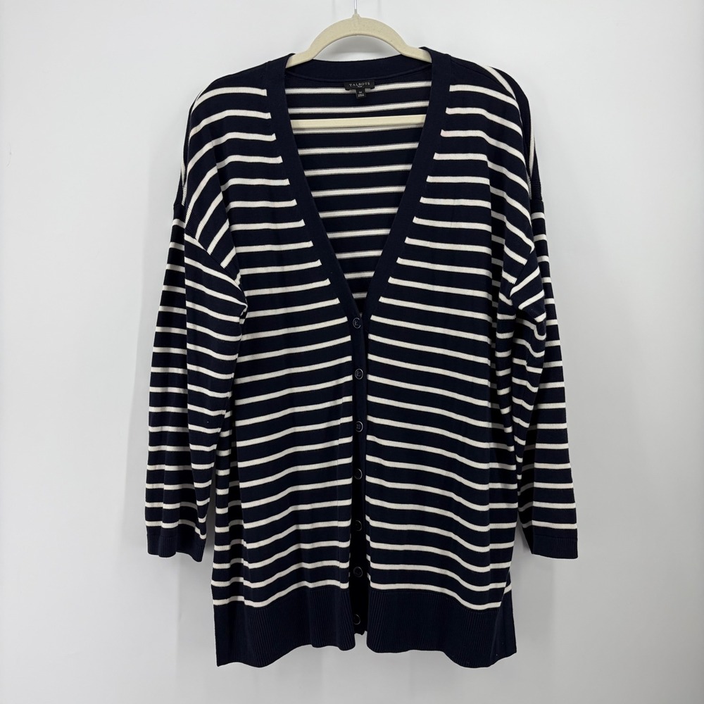 Talbots Womens 1X Navy Blue Striped Cardigan V-Neck Button Front Long Sweater